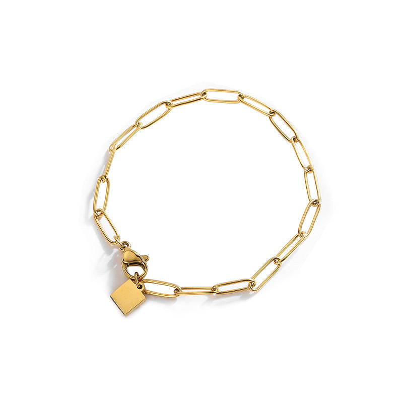 Simple Chunky Chain Bracelet With A Small Square Plate In A Japanese-Korean Style