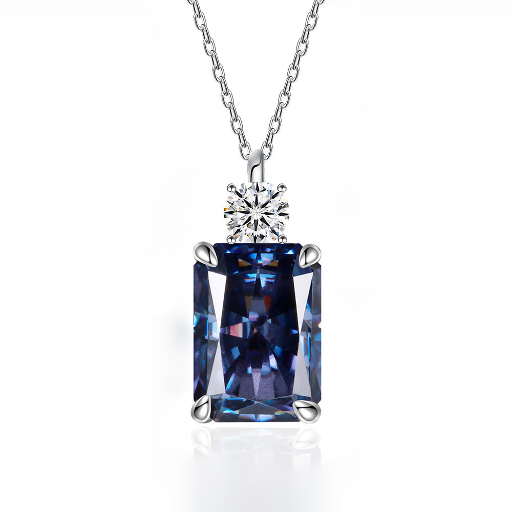 Deep Tanzanite Rectangular Necklace With Ice-Flower Cut High-Carbon Diamond Pendant