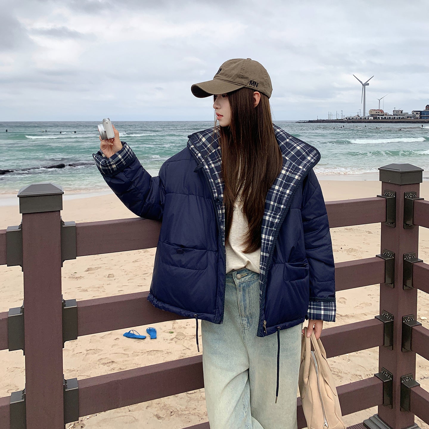 Womens Reversible Quilted Puffer Jacket With Patchwork Plaid Design