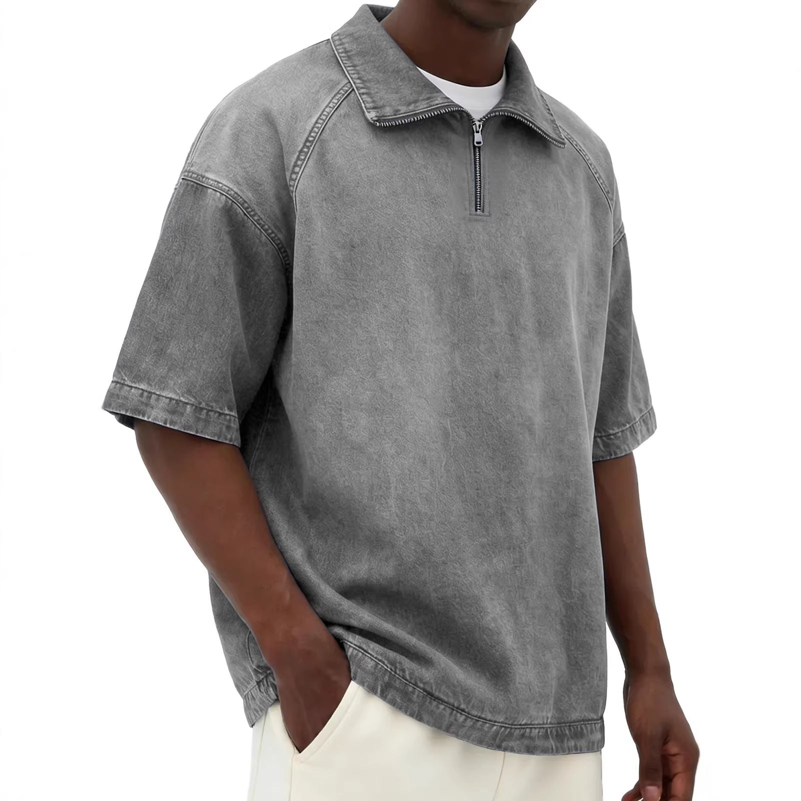 Mens Short-sleeve Lapel Zip-up T-shirt