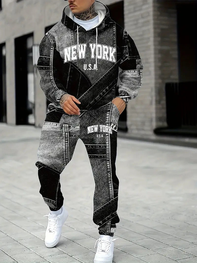 Mens Lettered Denim Hoodie With Fashionable 3D Print