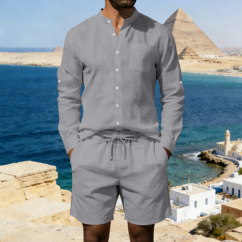 Mens Casual Linen Shirt And Shorts Set Summer Vintage Stand Collar Shirts Men Comfortable Breathable Beach Suits