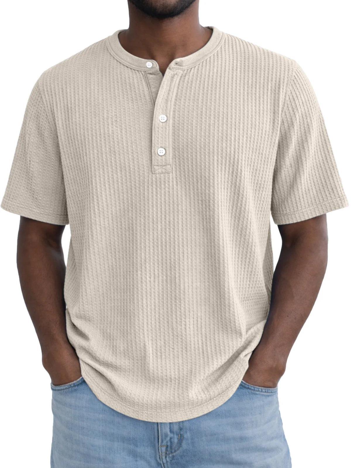 Short-Sleeve Waffle-Weave Henry Collar T-Shirt