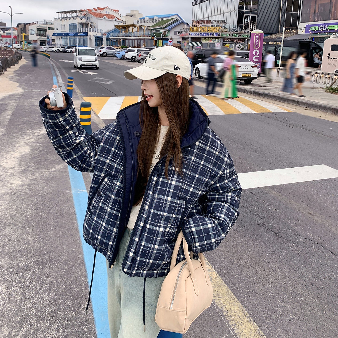 Womens Reversible Quilted Puffer Jacket With Patchwork Plaid Design