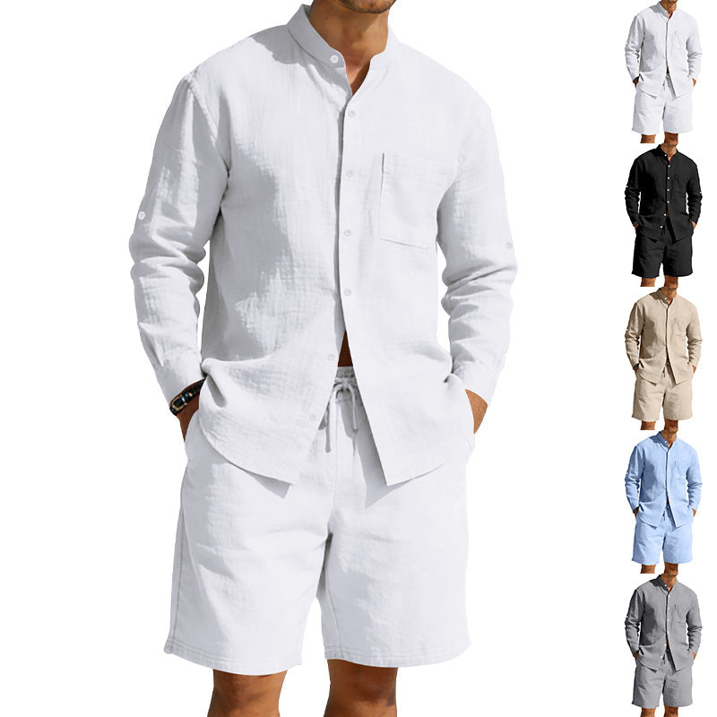 Mens Casual Linen Shirt And Shorts Set Summer Vintage Stand Collar Shirts Men Comfortable Breathable Beach Suits