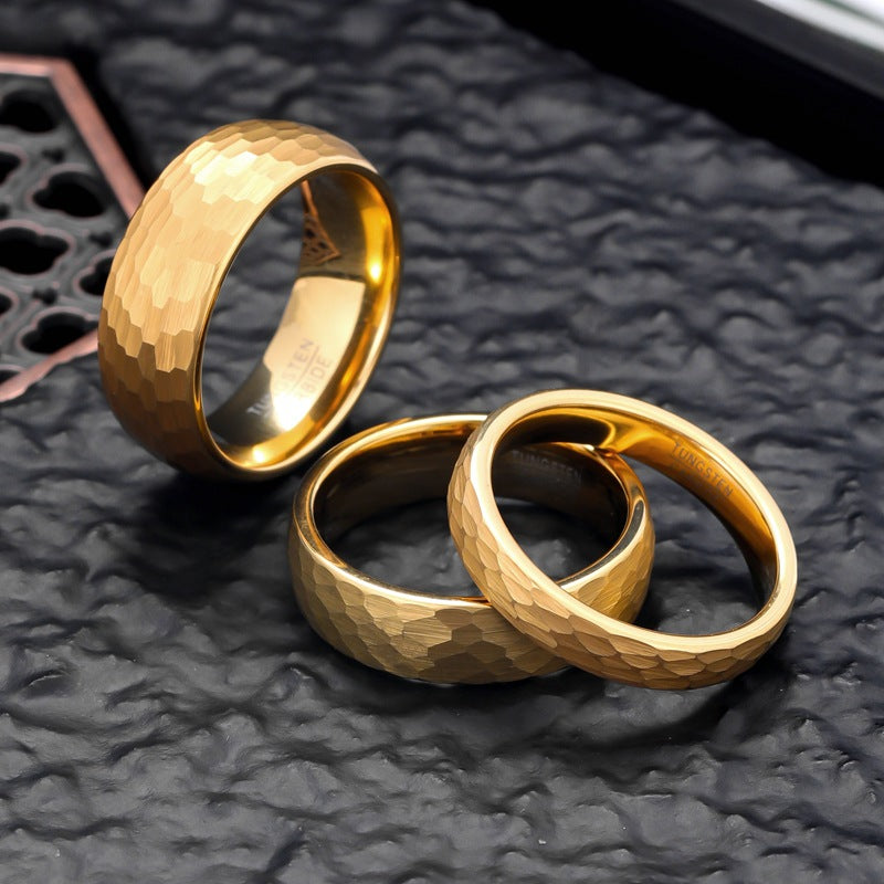 Wide Mens And Womens Gold-Plated Hammered Tungsten Carbide Ring