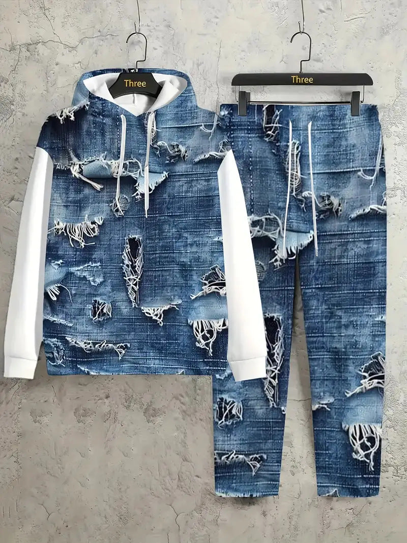 Mens Lettered Denim Hoodie With Fashionable 3D Print