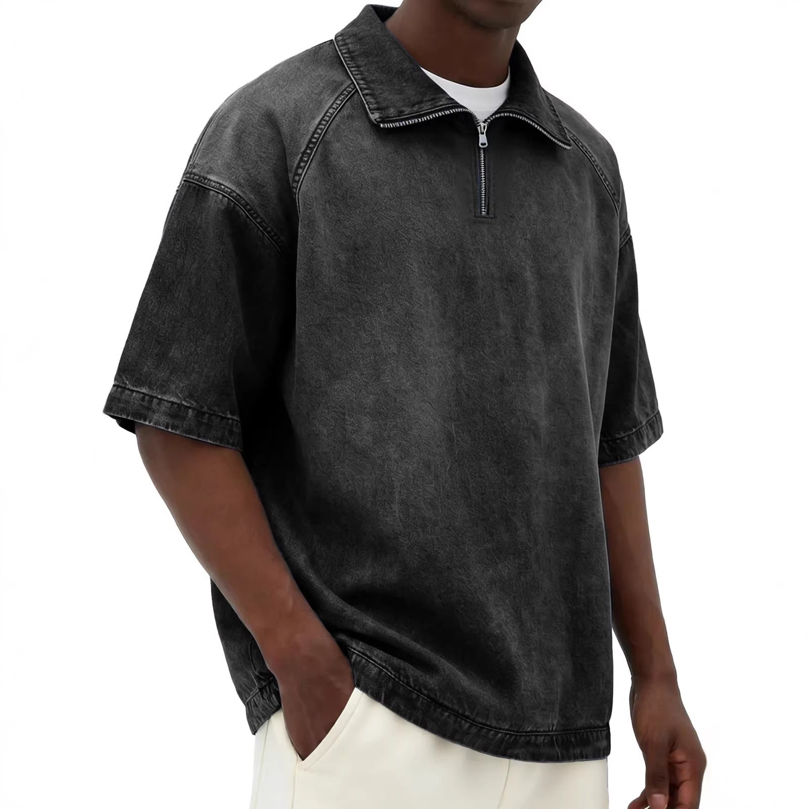 Mens Short-sleeve Lapel Zip-up T-shirt