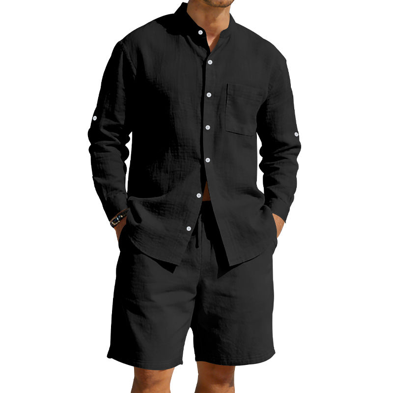 Mens Casual Linen Shirt And Shorts Set Summer Vintage Stand Collar Shirts Men Comfortable Breathable Beach Suits