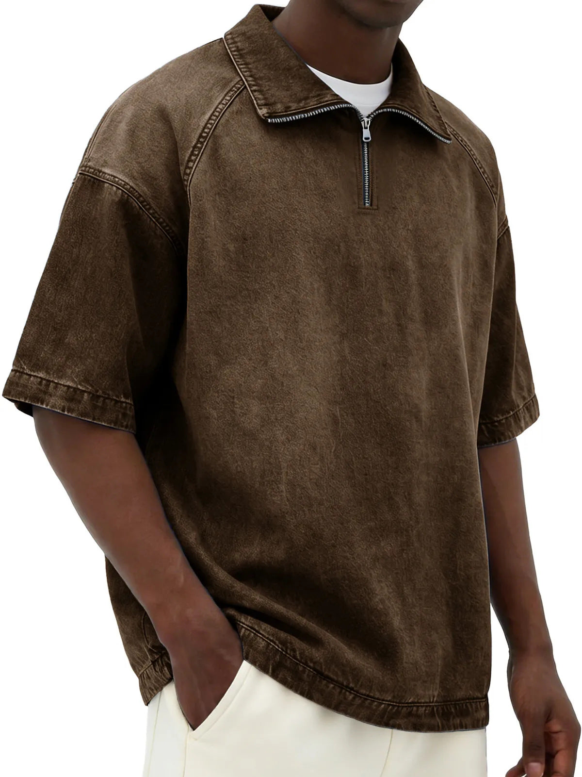 Mens Short-sleeve Lapel Zip-up T-shirt