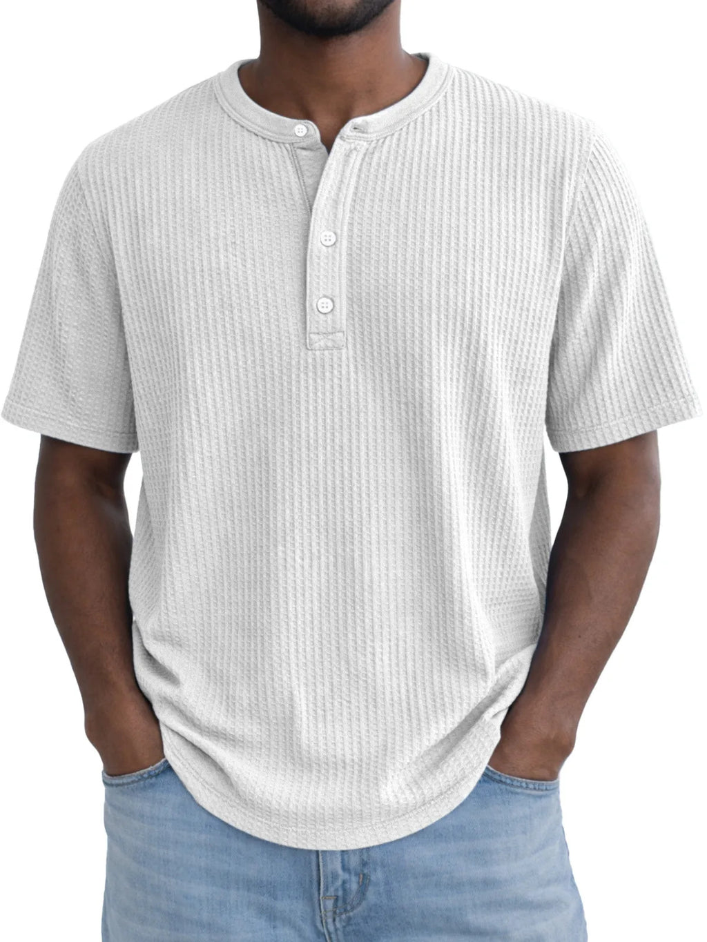 Short-Sleeve Waffle-Weave Henry Collar T-Shirt
