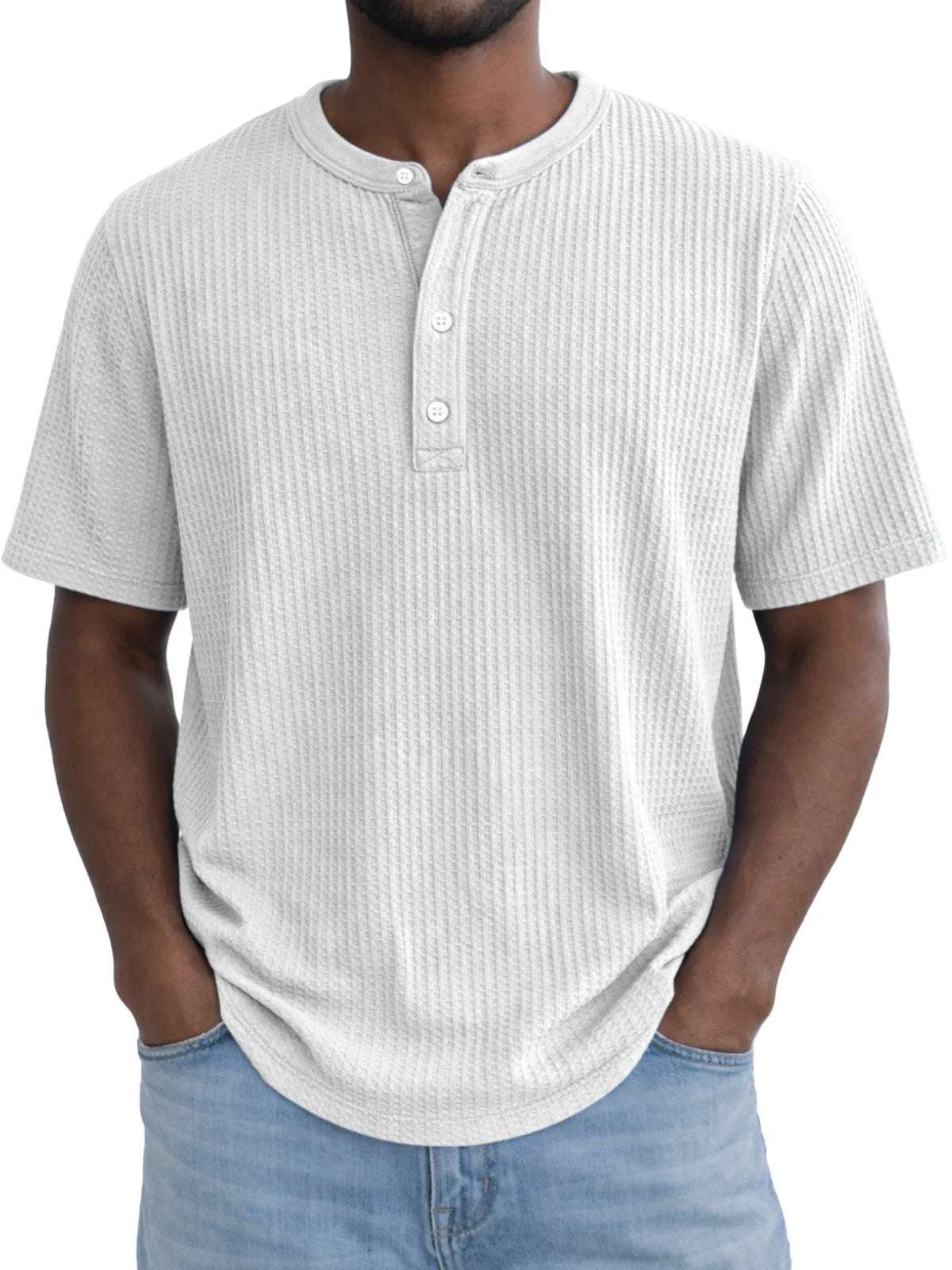 Short-Sleeve Waffle-Weave Henry Collar T-Shirt
