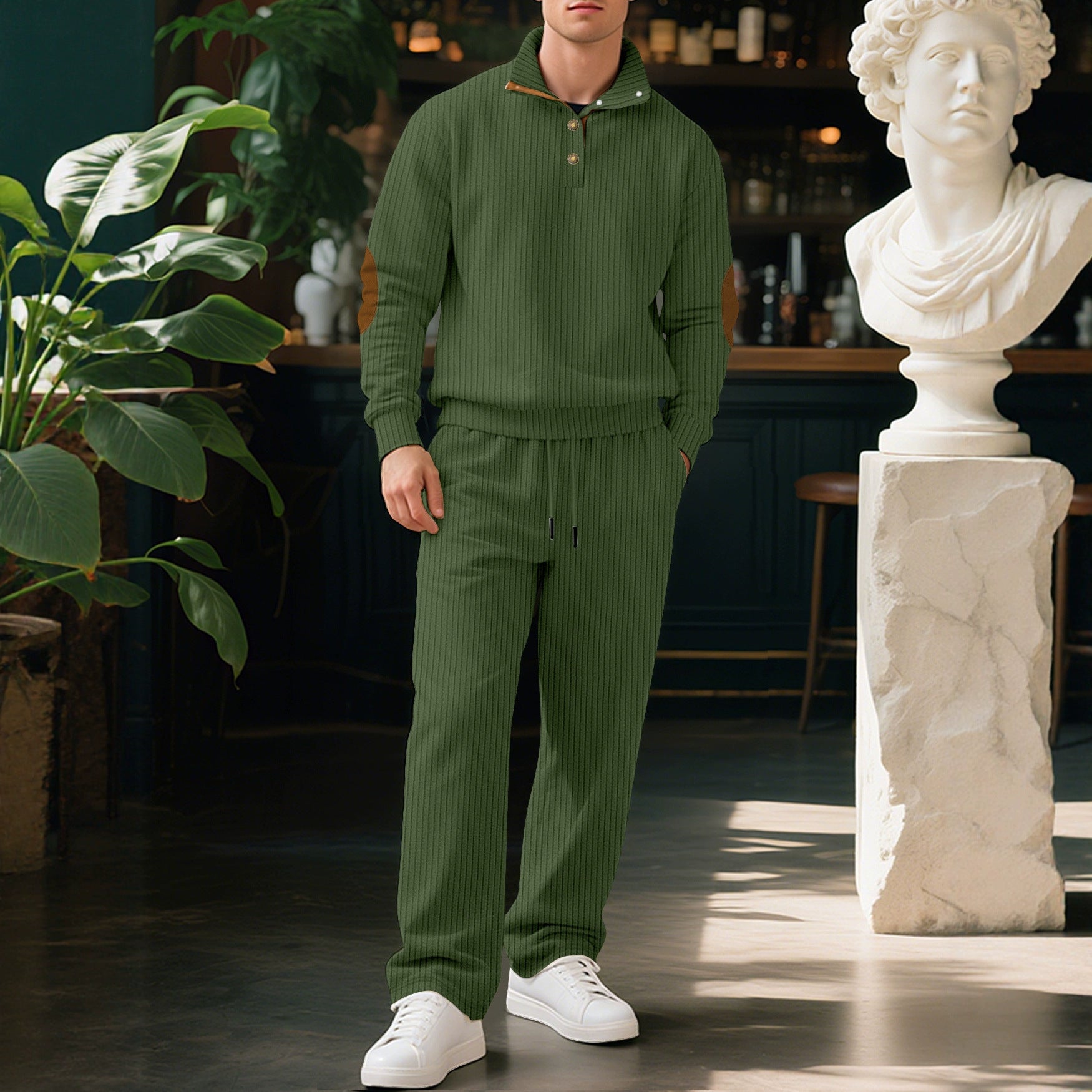 Mens Casual Trousers And Stand-collar Versatile Jacquard Ribbed Knit Top Autumn Outfit Set