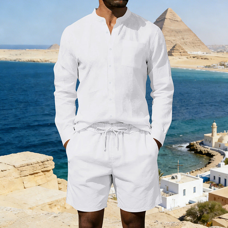 Mens Casual Linen Shirt And Shorts Set Summer Vintage Stand Collar Shirts Men Comfortable Breathable Beach Suits