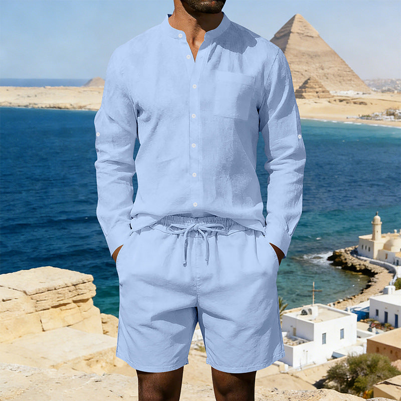 Mens Casual Linen Shirt And Shorts Set Summer Vintage Stand Collar Shirts Men Comfortable Breathable Beach Suits