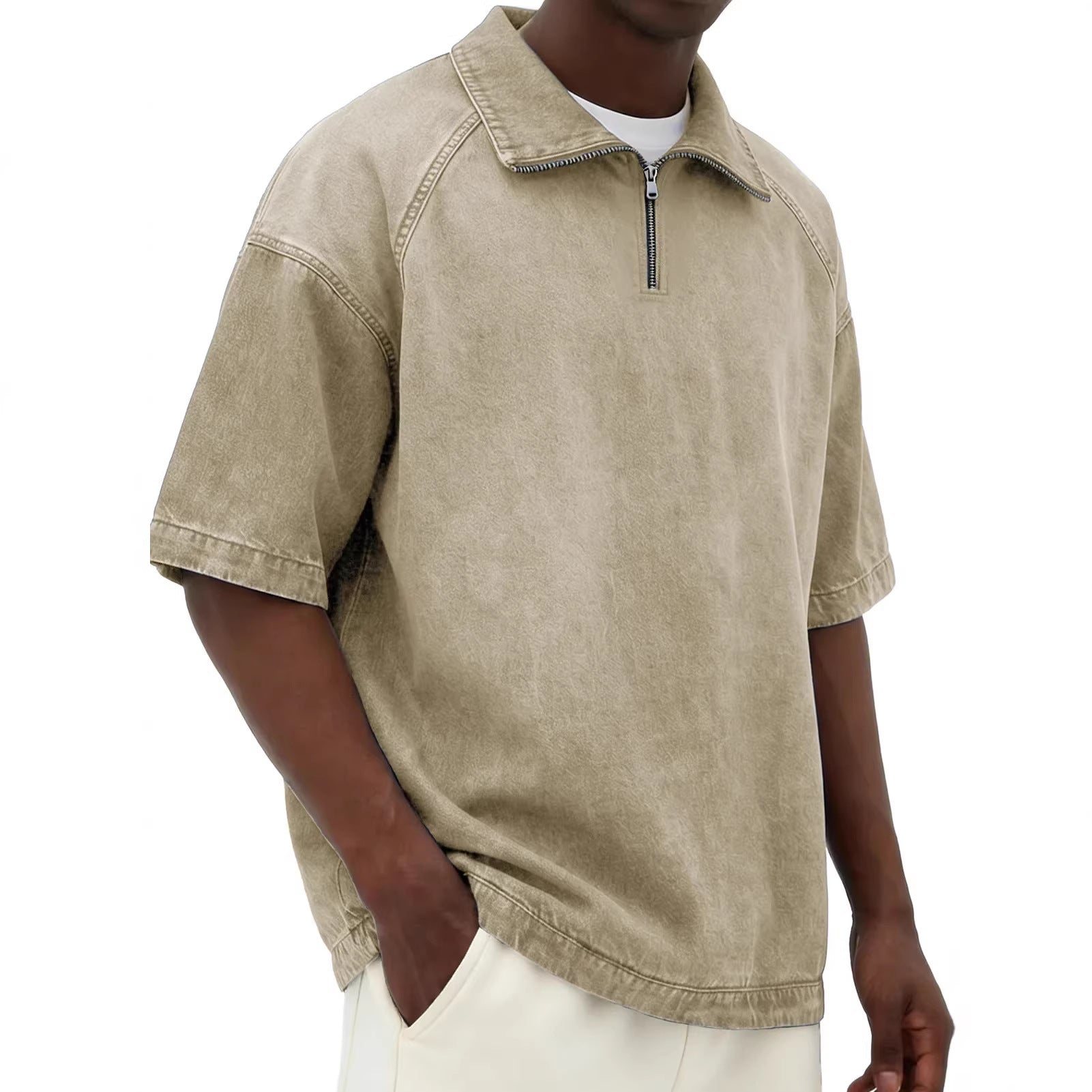 Mens Short-sleeve Lapel Zip-up T-shirt