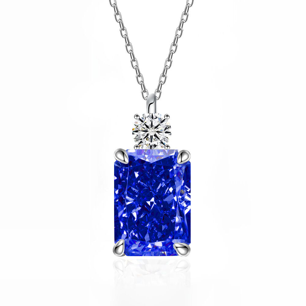 Deep Tanzanite Rectangular Necklace With Ice-Flower Cut High-Carbon Diamond Pendant
