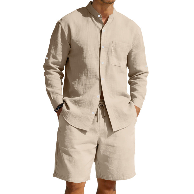 Mens Casual Linen Shirt And Shorts Set Summer Vintage Stand Collar Shirts Men Comfortable Breathable Beach Suits
