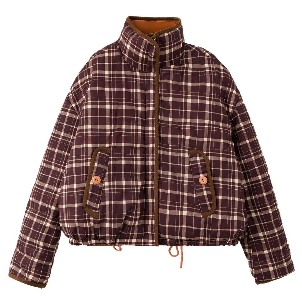 Womens Reversible Quilted Puffer Jacket With Patchwork Plaid Design