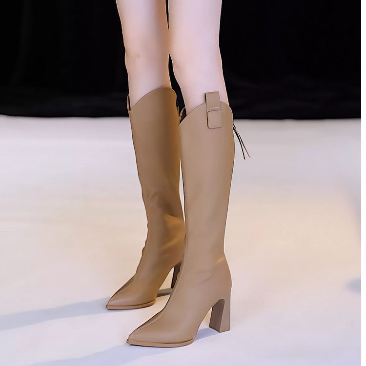 Womens Knee-high Heeled Boots With A Back Zipper And Plush Lining