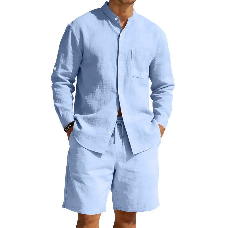Mens Casual Linen Shirt And Shorts Set Summer Vintage Stand Collar Shirts Men Comfortable Breathable Beach Suits