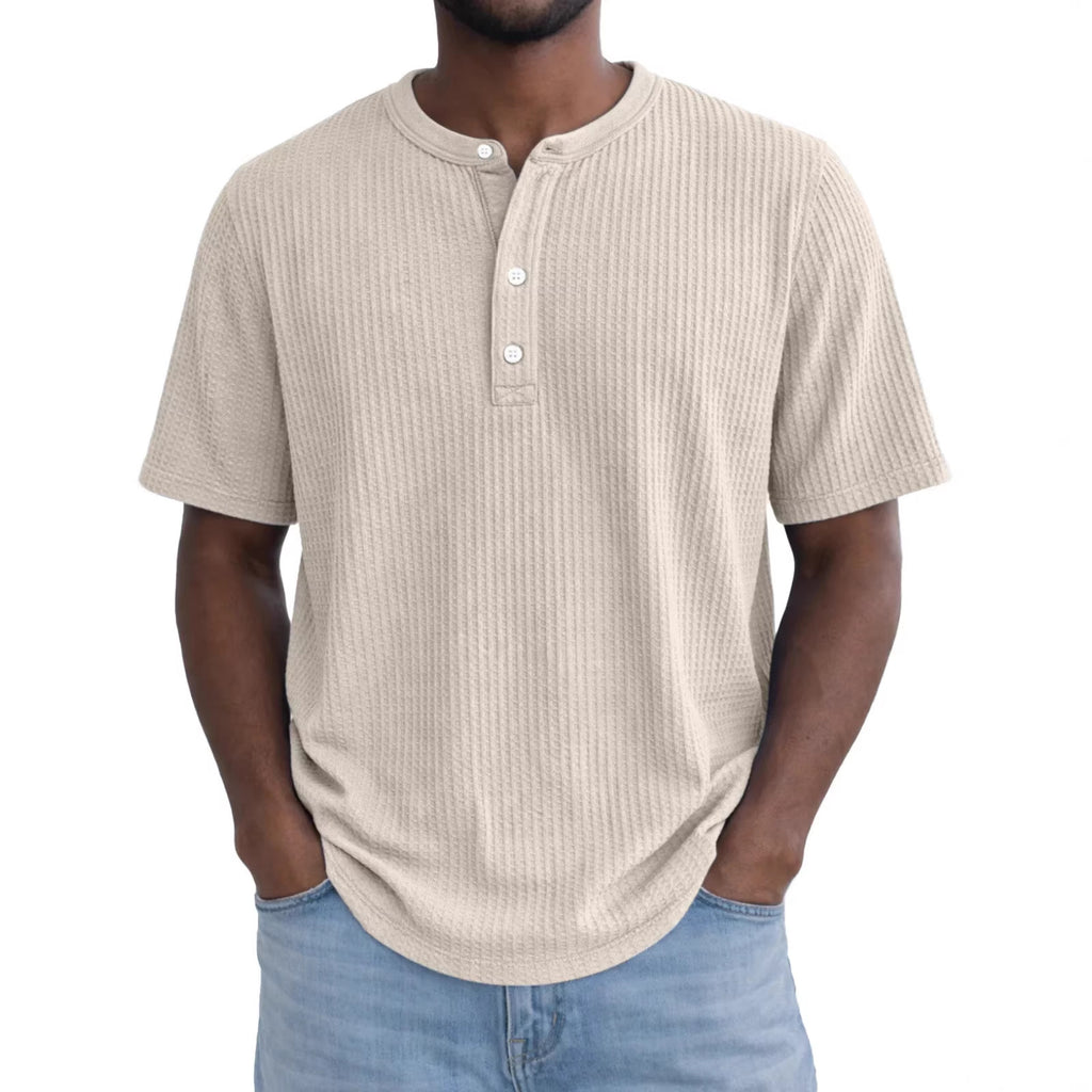Short-Sleeve Waffle-Weave Henry Collar T-Shirt