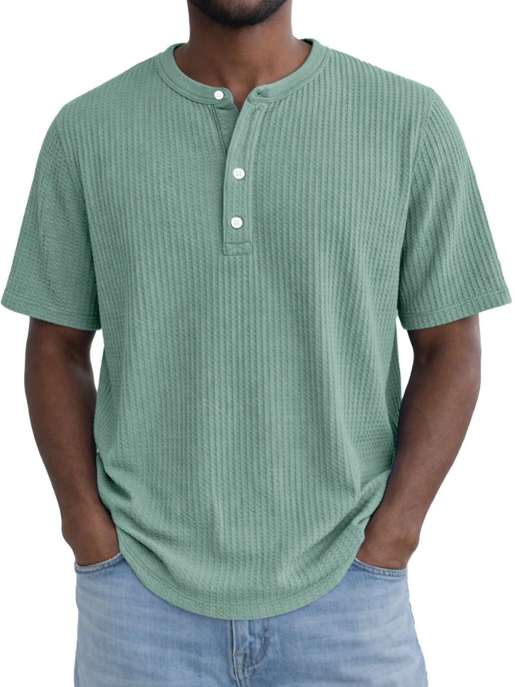Short-Sleeve Waffle-Weave Henry Collar T-Shirt