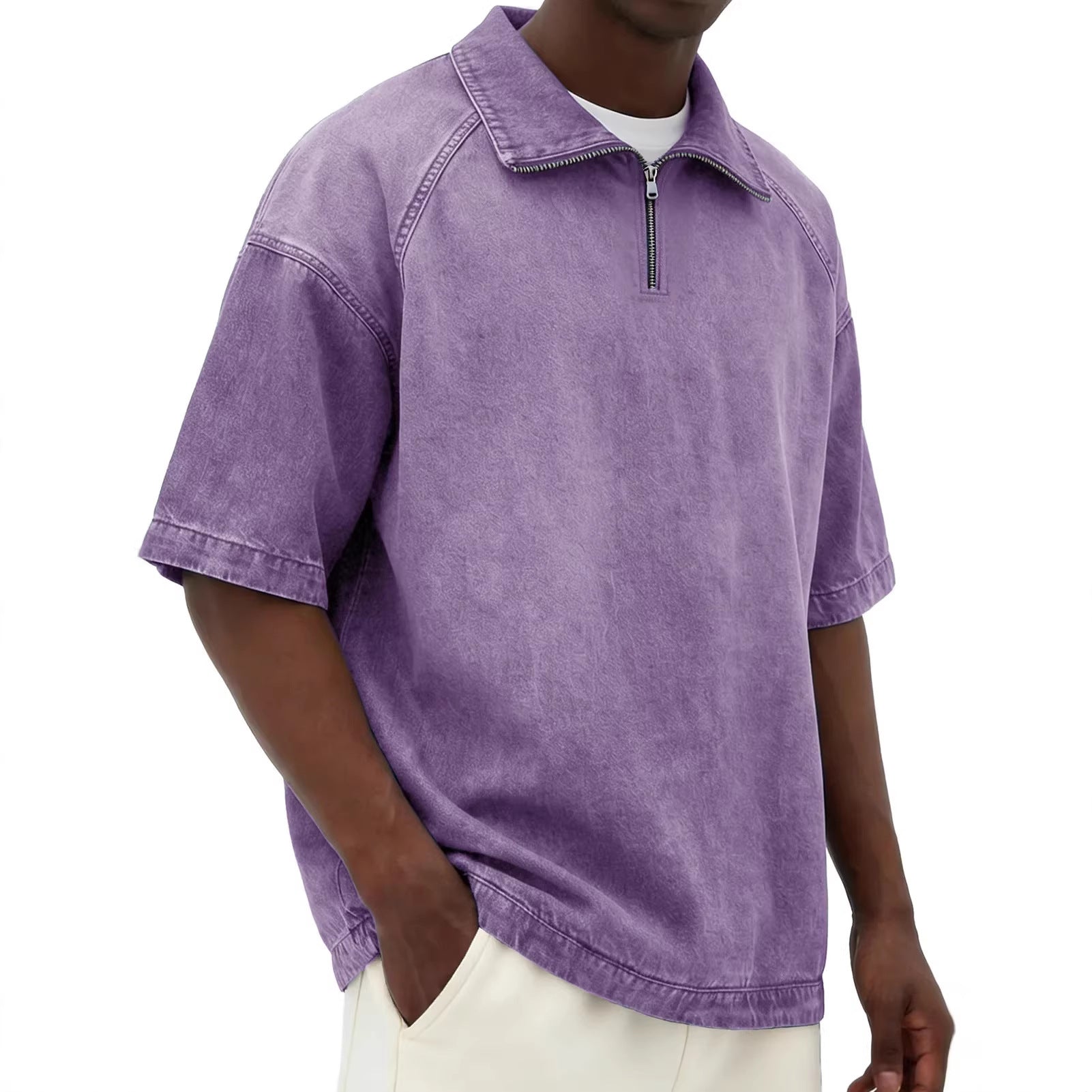 Mens Short-sleeve Lapel Zip-up T-shirt