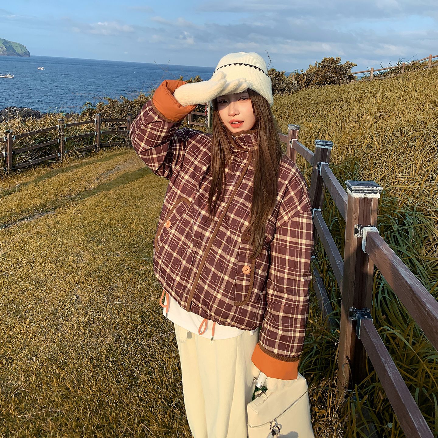 Womens Reversible Quilted Puffer Jacket With Patchwork Plaid Design