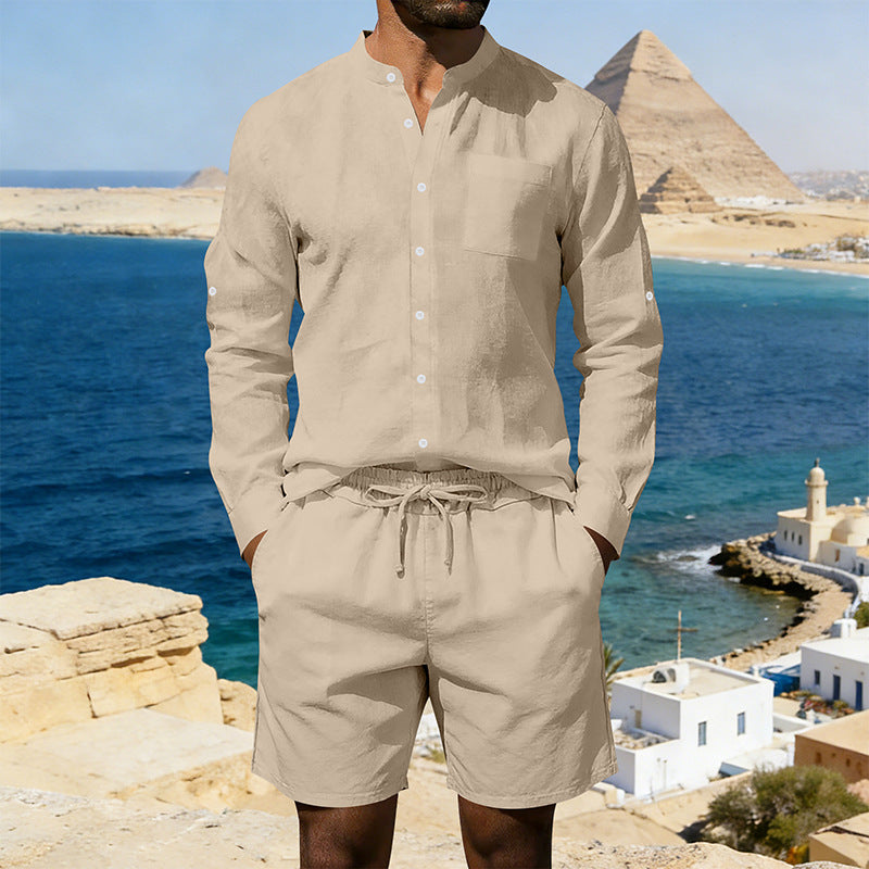 Mens Casual Linen Shirt And Shorts Set Summer Vintage Stand Collar Shirts Men Comfortable Breathable Beach Suits