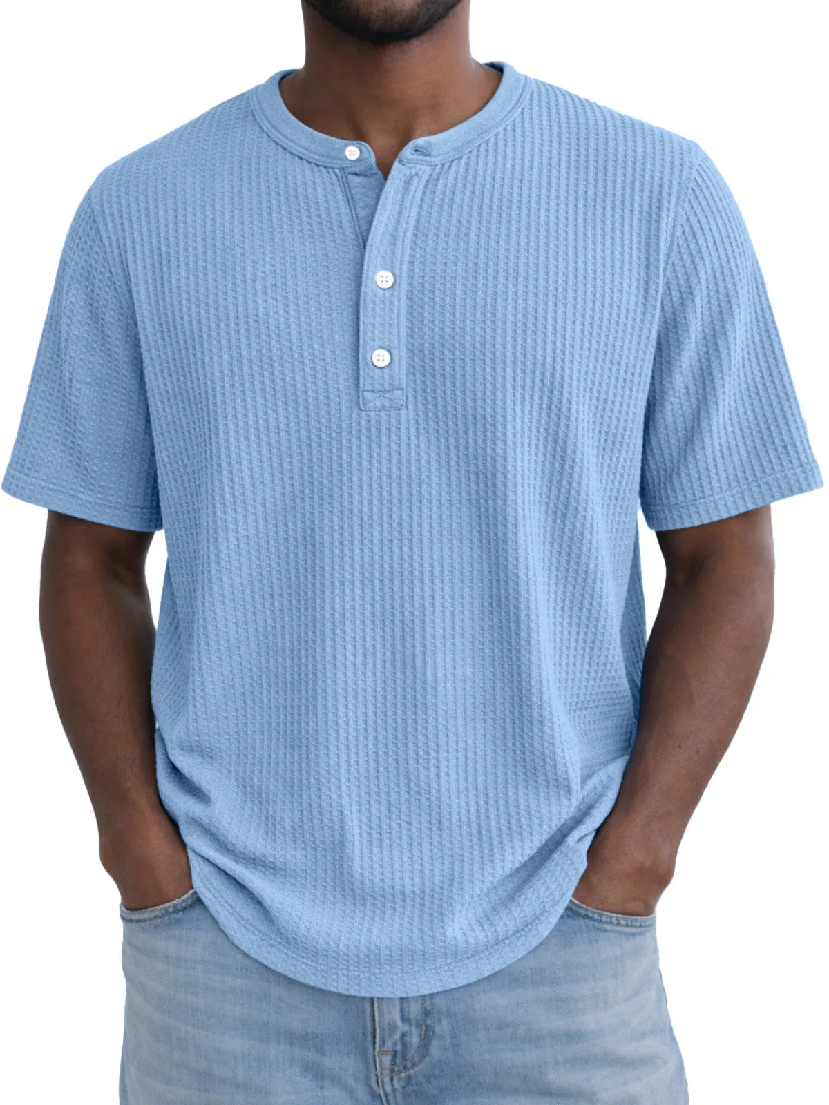 Short-Sleeve Waffle-Weave Henry Collar T-Shirt