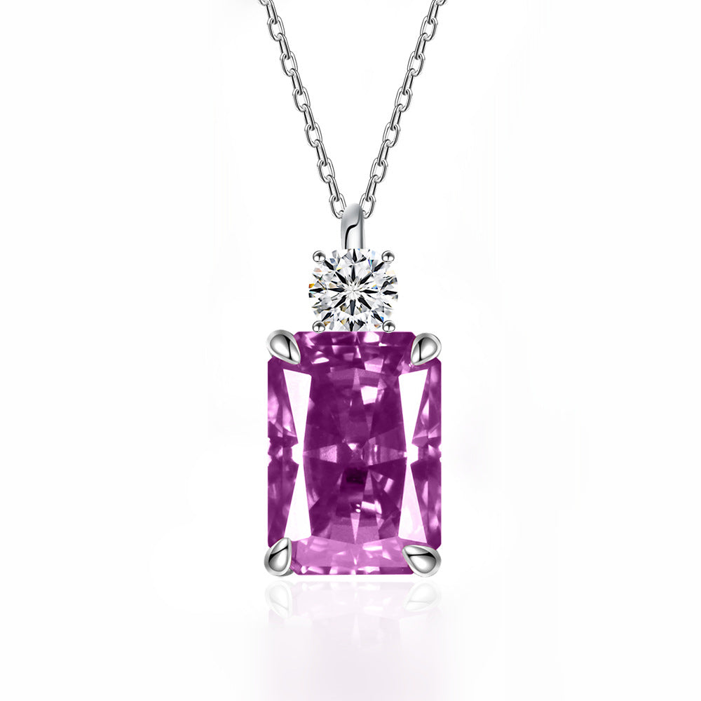 Deep Tanzanite Rectangular Necklace With Ice-Flower Cut High-Carbon Diamond Pendant