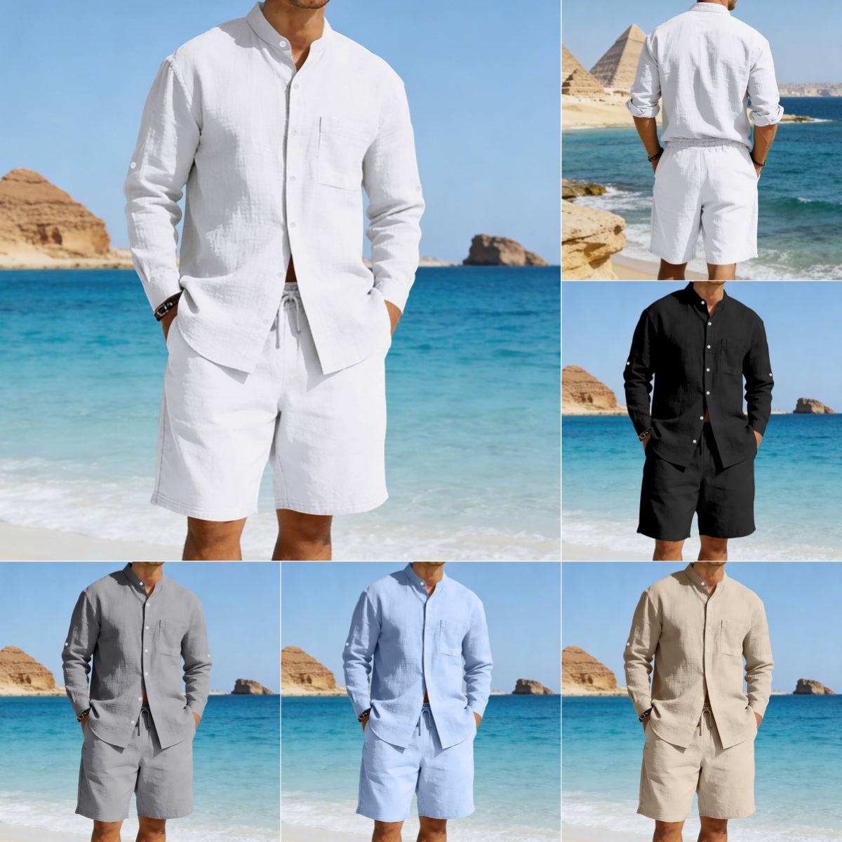 Mens Casual Linen Shirt And Shorts Set Summer Vintage Stand Collar Shirts Men Comfortable Breathable Beach Suits